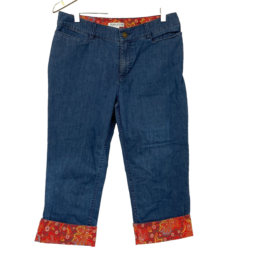 Pendleton Crop Jeans Womens 10 Cuffed Contrast Paisley Trim Preppy Retro 32x20‎